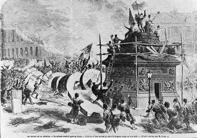 La columna Vendôme justo después de su caída, Federes y falsos marineros colocando la bandera roja en el pedestal, 16 de mayo de 1871 de Auguste Andre Lancon